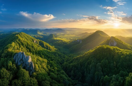 Majestic Sunrise Over Lush Green Mountain Ranges