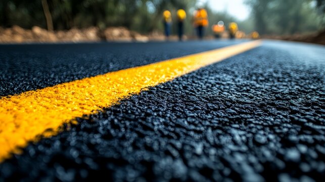 A built paved road with yellow road markings. Reconstruction and construction of roads and motorways. Close-up