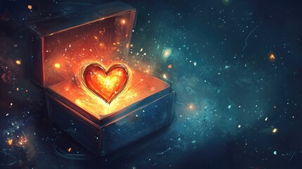 Glowing Heart in Treasure Box with Cosmic Background Effects