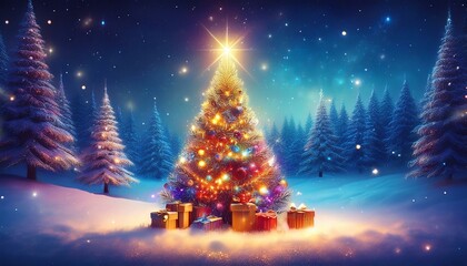 Obraz premium Christmas Tree On Snow At Night With Shiny Star And Gift Boxes In Winter Forest or christmas tree with gifts and snowflakes