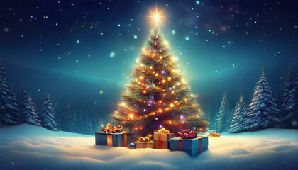 Obraz premium Christmas Tree On Snow At Night With Shiny Star And Gift Boxes In Winter Forest or christmas tree with gifts and snowflakes