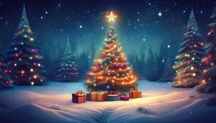Obraz premium Christmas Tree On Snow At Night With Shiny Star And Gift Boxes In Winter Forest or christmas tree with gifts and snowflakes