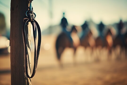 Close-up of reins with blurred horses in background