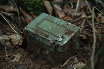 Geocache container partially buried in the ground.