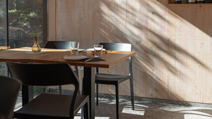 Breakfast at glamping resort restaurant surrounded by beautiful nature.