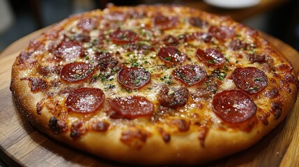 Delicious pepperoni pizza served on a wooden board in a cozy restaurant setting