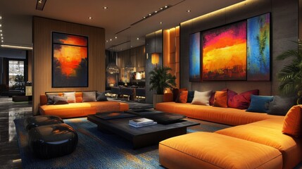 Contemporary Living Room with Orange Sectional Sofa and Abstract Art