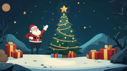 cheerful Santa Claus stands beside beautifully decorated Christmas tree, surrounded by colorful gifts in snowy landscape