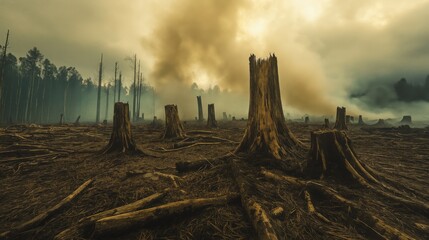 Devastated Forest Landscape: Aftermath of a Wildfire or Deforestation, showing the impact of environmental destruction on the ecosystem