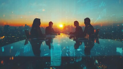 Silhouetted businesspeople meeting with cityscape and data overlay at sunset