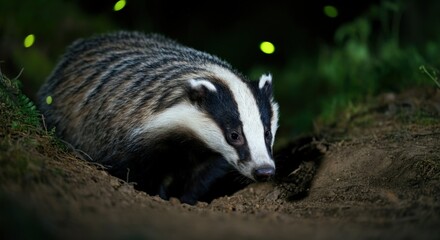 Nocturnal badger in natural habitat surrounded by fireflies in woodland setting