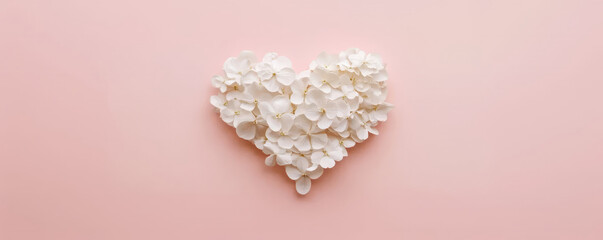Heart-shaped floral composition isolated on pink background. White daisies composition for Mother's, Valentine's Day and wedding concept. Love symbol banner with copy space