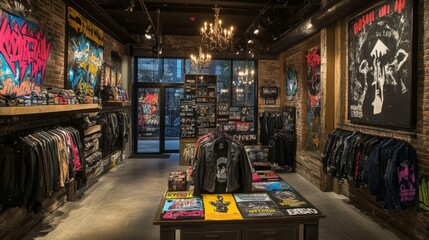 Industrial Chic Clothing Boutique with Brick Walls and Graffiti Art
