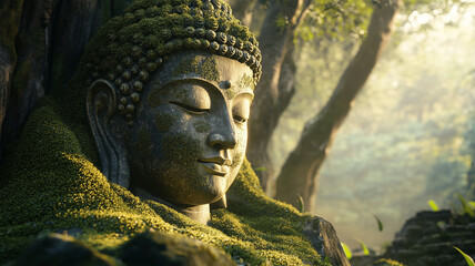 苔に覆われた大仏と静寂な森