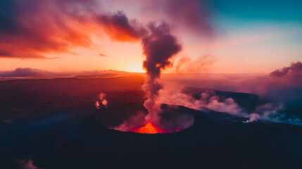 Fototapeta premium A volcano silhouetted against a dramatic sunset with smoke rising into the colorful sky captured by a drone.
