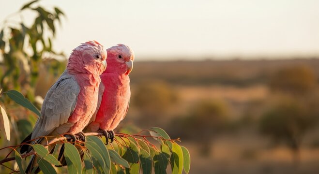 Pair of pink galahs perched on eucalyptus branch in serene natural habitat