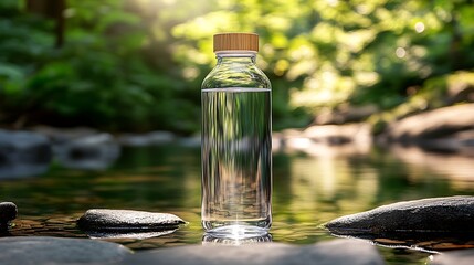 A clear glass bottle placed by a natural stream surrounded by lush greenery.
