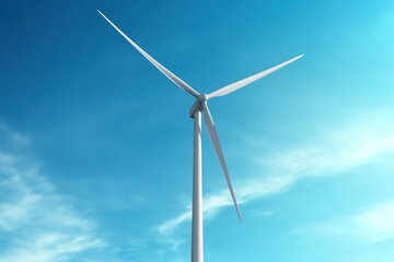 Fototapeta premium high-tech wind turbine viewed from below framed by bright sky with faint blurred clouds