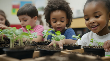 Children excitedly planting seedlings in small pots during a kindergarten gardening lesson.