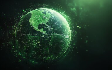 Fototapeta premium A vibrant green globe with environmental icons like CO2 reduction, circular economy, and netzero goals, symbolizing technology, society, and governance for sustainable business