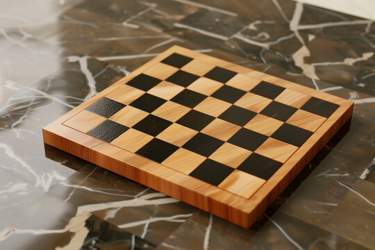 Single empty chess board placed on a table, nothing else.