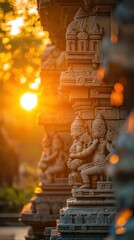Fototapeta premium Golden Hour at the Temple: Intricate Stone Carvings Basking in Sunset's Warm Embrace