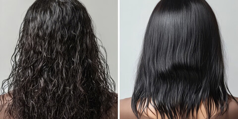 Woman with long wavy black dyed hair from back view on grey background. Woman's dark hair before and after keratin. Hair treatment result before and after.