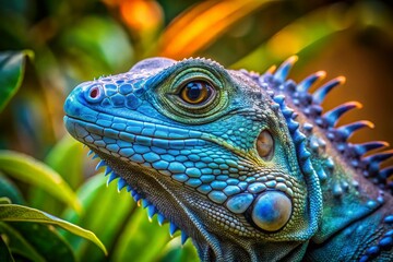 Obraz premium Captivating Portrait of a Blue Face Iguana Showcasing Its Vibrant Colors and Unique Features in a Natural Habitat Setting for Nature and Wildlife Photography Enthusiasts