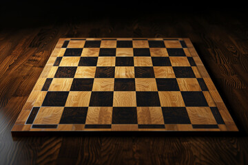 Single empty chess board placed on a table, nothing else.