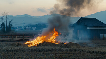 収穫後の農地で草を燃やす焚き火