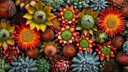 Vibrant succulents and protea flowers in autumnal colors.