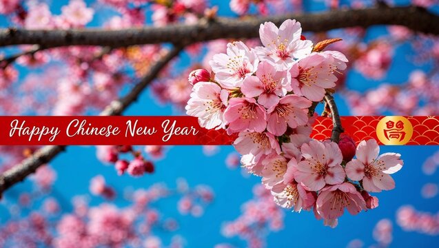 Pink cherry blossoms bloom gracefully on a tree branch against a clear blue sky