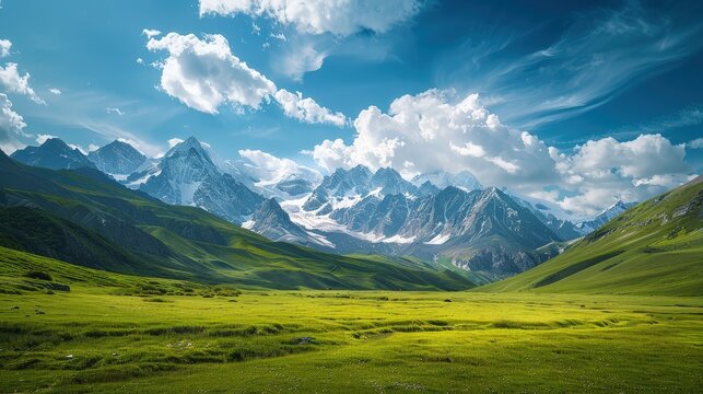 High-end photography of a serene mountain landscape with green meadows and snow-capped peaks under a blue sky