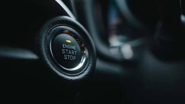A young woman starting a modern car with a push button. Concept of convenience, innovative technology, and modern vehicles.
