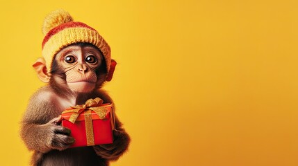 monkey. with a gift in hand. beautifully packaged box. in a tracksuit. on a plain bright festive background. 