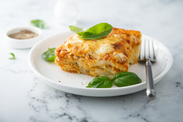 Homemade meatless lasagna with basil