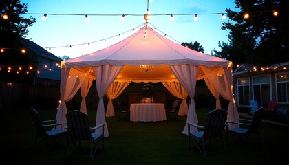 Tent gazebo set up in a large backyard, surrounded by string lights and cozy chairs, soft evening glow creating a warm, welcoming ambiance