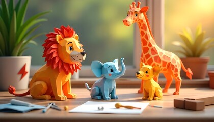 Obraz premium Colorful Papercraft Origami-Style Animals on a Minimalistic Background