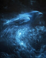 Freedom concept featuring a bird symbolizing limitless possibilities. Ethereal blue raven with cosmic elements and flowing energy