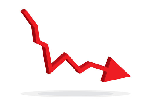 Red 3d arrow going down stock icon on white background. Bankruptcy, financial market crash icon for your web site design, logo, app, UI. graph chart downtrend symbol.chart going down sign.