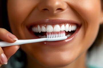 Fototapeta premium Smiling woman brushing her teeth with a white toothbrush