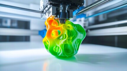 Bright colorful object printed by 3d printer Isolated on white background Automatic three dimensional 3d printer performs plastic green colors modeling in laboratory Modern 3D printing technology