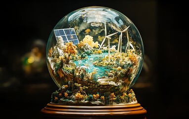 A crystal globe featuring a sustainability symbol, surrounded by wind, solar, and green technology icons, promoting ecofriendly development and environmental protection