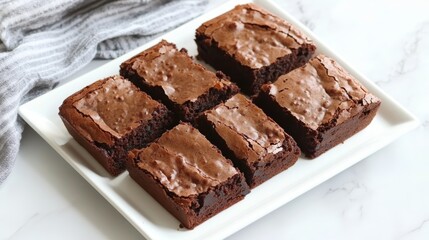 Sliced homemade brownies on white plate Served on rectangle white plate Favorite chocolate dessert for chocolate lover Sweet and moist of cocoa taste Top view