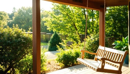 Fototapeta premium Porch swing gently swaying in the breeze, hanging from a wooden frame, surrounded by lush greenery and soft afternoon sunlight