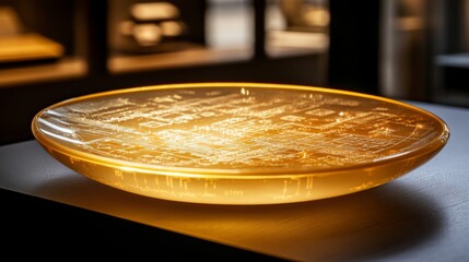 Obraz premium A Golden Glass Plate with an Intricate Design Etched into Its Surface