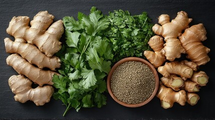 Fototapeta premium Fresh ginger, cilantro, and coriander seeds on dark background.