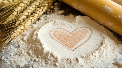 Heart drawn on wheat flour and rolling pinConcept of cooking with love