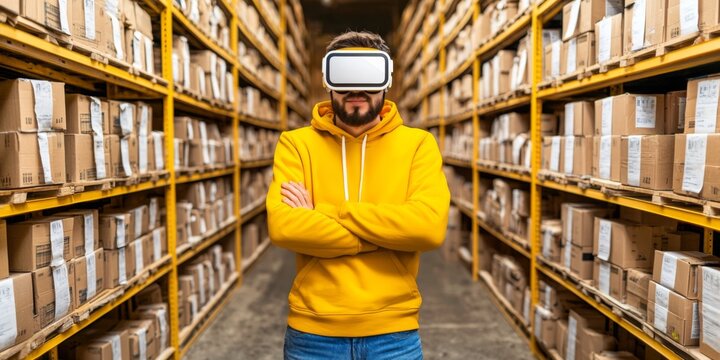 Warehouse Worker Using VR Headset for Inventory Management