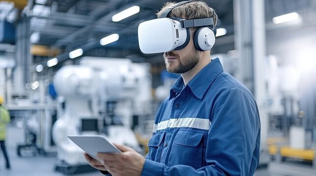VR Factory Worker Using Tablet & Headset - Powered by Adobe
